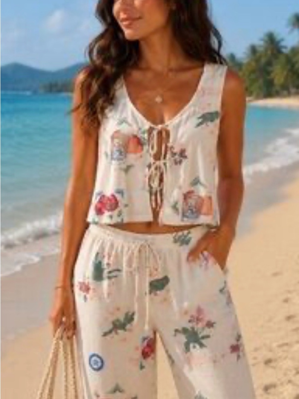 Cali 1850 Floral Print White Wide-Leg Lounge Set with Tie-Front Top Linen Blend - Picture 3 of 11